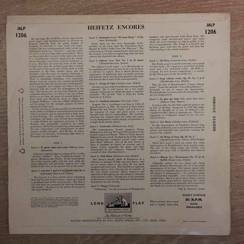 Jascha Heifetz  Heifetz Encores - Vinyl LP Record - Opened  - Very-Good Quality (VG)