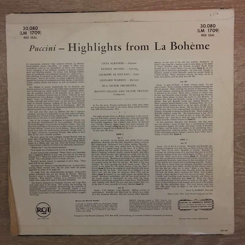 Puccini  Highlights From La Bohème - Vinyl LP- Opened  - Very-Good+ Quality (VG+)