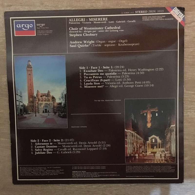 Allegri - Choir Of Westminster Cathedral, Stephen Cleobury  Miserere - Vinyl LP Record -...