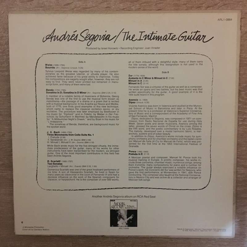 Andrés Segovia  The Intimate Guitar - Vinyl LP Record - Opened  - Very-Good+ Quality (VG+)