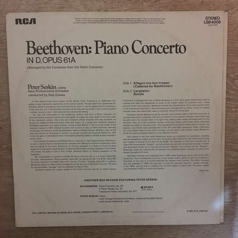 Beethoven - Peter Serkin, Seiji Ozawa, New Philharmonia Orchestra  Piano Concerto In D (Op....