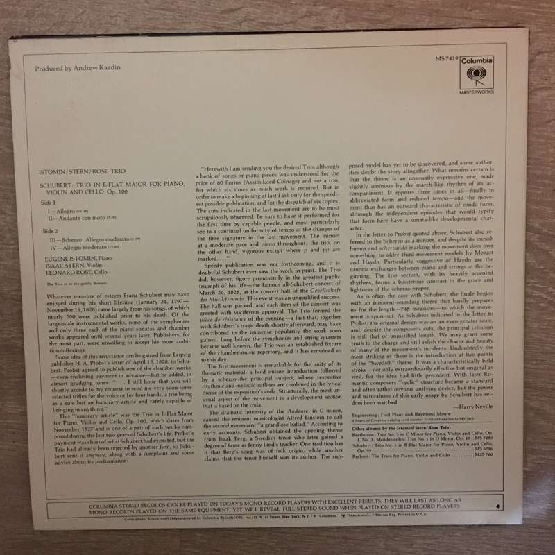 Istomin/Stern/Rose - Franz Schubert  Trio In E-Flat, Op. 100 - Vinyl LP Record - Opened ...