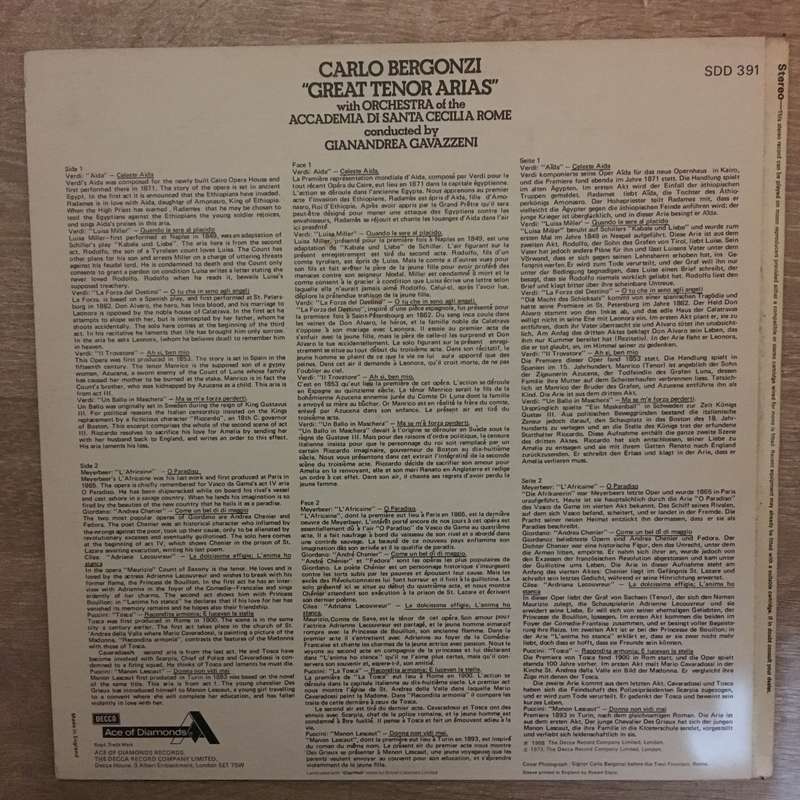 Carlo Bergonzi  Great Tenor Arias - Vinyl LP Record - Opened  - Very-Good+ Quality (VG+)