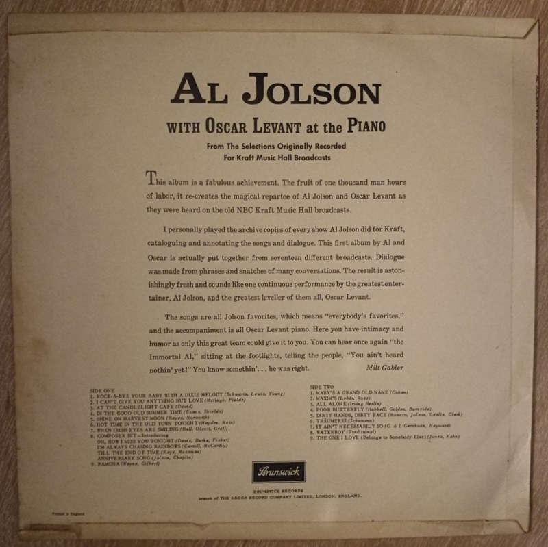 Al Jolson With Oscar Levant At The Piano - Vinyl LP Record - Very-Good Quality (VG)