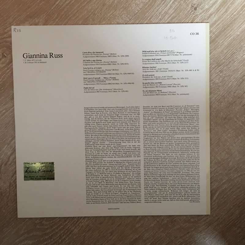 Court Opera Classics - Giannina Russ 1873-1951 - Vinyl LP Record - Opened  - Very-Good+ Quality (...