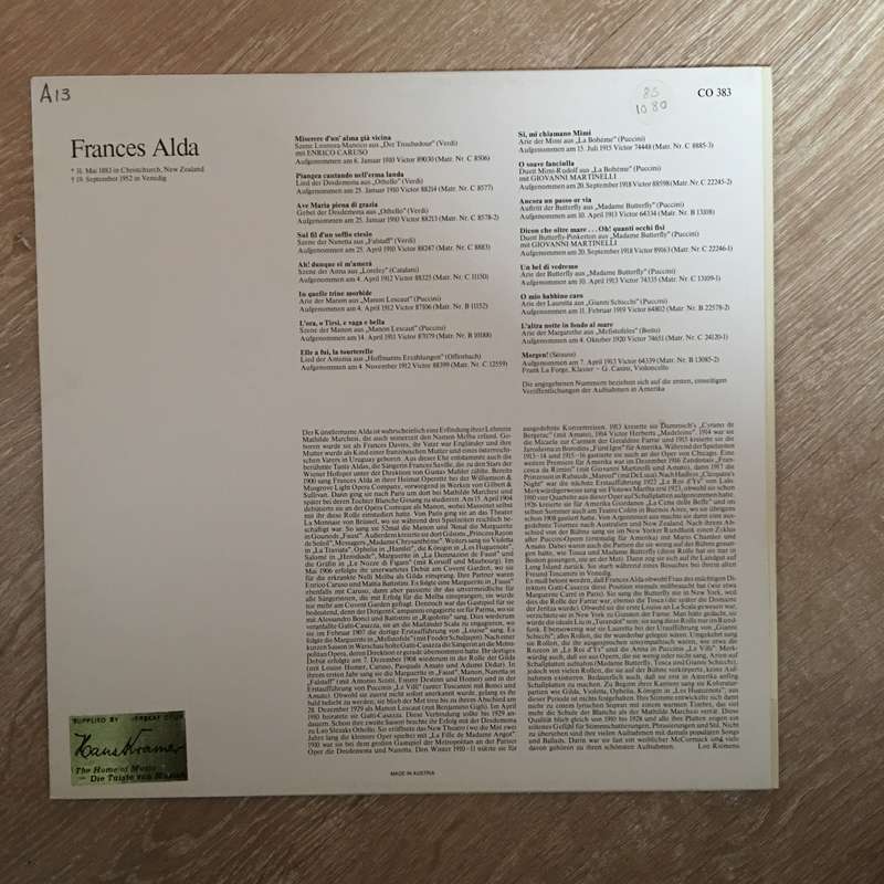 Court Opera Classics - Frances Alda 1883-1952 - Vinyl LP Record - Opened  - Very-Good+ Quality (VG+)