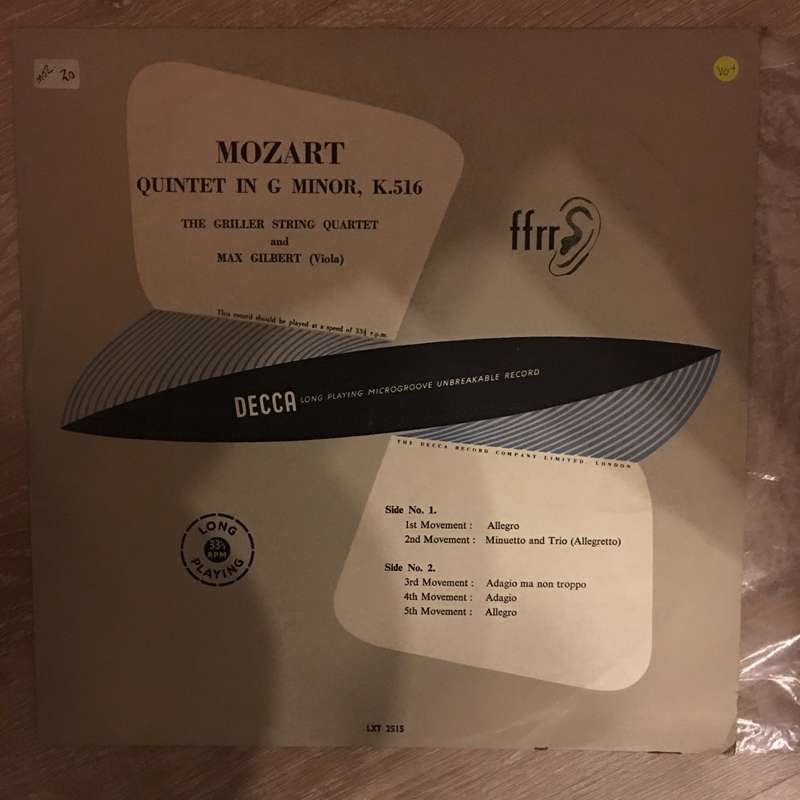 Mozart - Griller String Quartet  - Quintet in G Minor K.516  - Vinyl LP Record - Opened  - Ver...