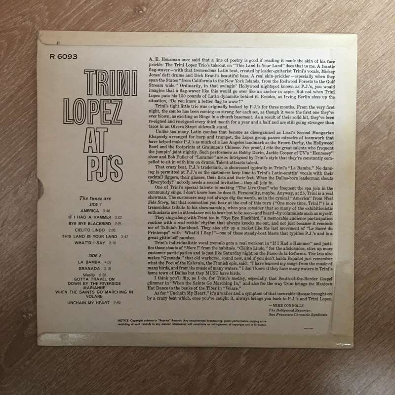 Trini Lopez At PJs - Recorded Live - Vinyl LP Record - Opened  - Very-Good+ Quality (VG+)