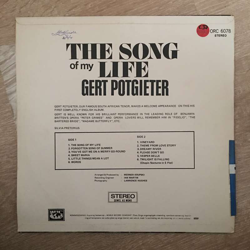 Gert Potgieter - The Song Of My Life - Vinyl LP Record - Opened  - Very-Good+ Quality (VG+)