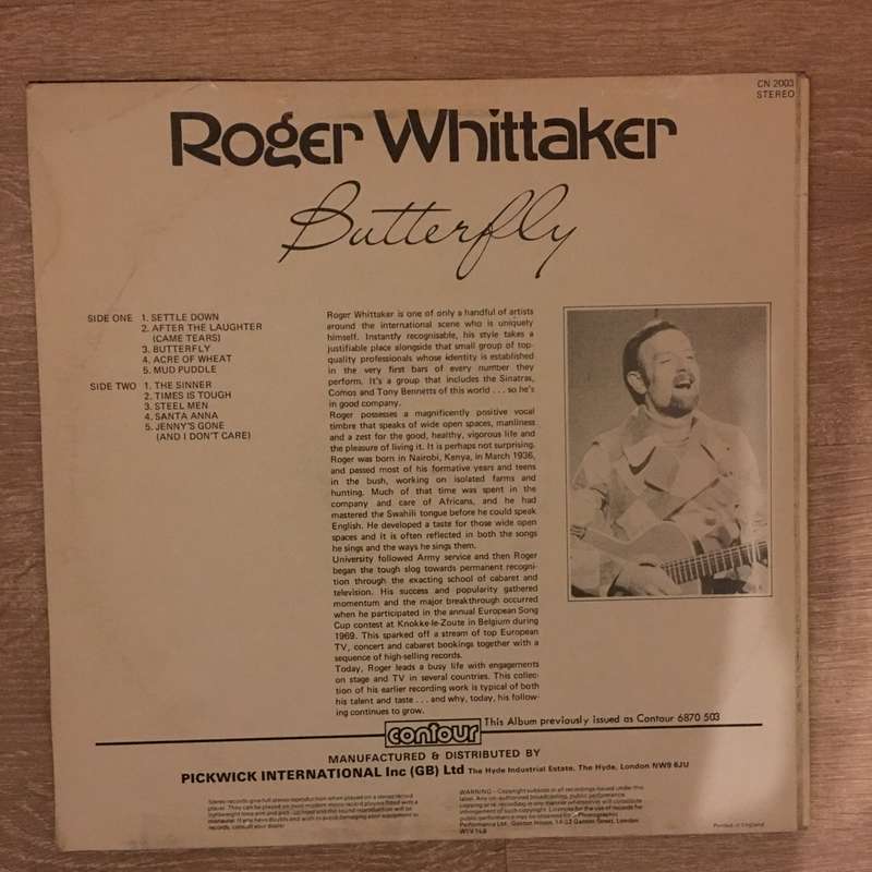 Roger Whittaker - Butterfly -  Vinyl LP Record - Opened  - Very-Good- Quality (VG-)