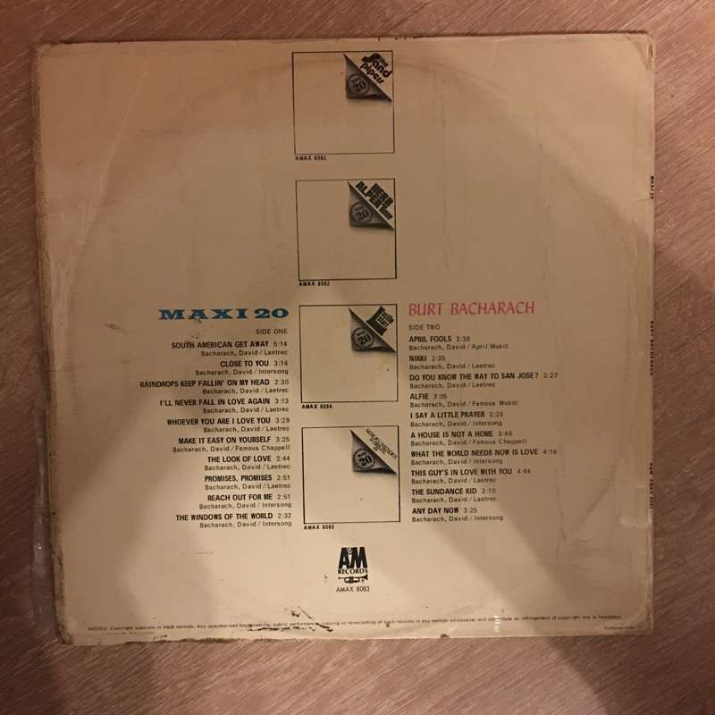 Maxi 20 - Burt Bacharach -  Vinyl LP Record - Opened  - Very-Good Quality (VG)