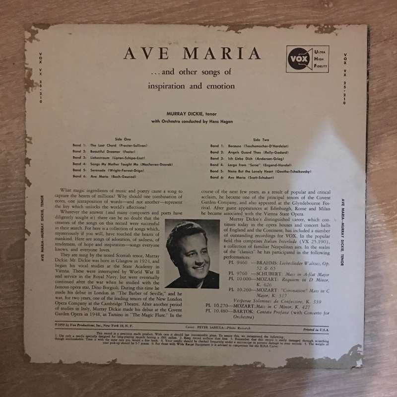 Murray Dickie  Ave Maria - Vinyl LP Record - Opened  - Very-Good Quality (VG)