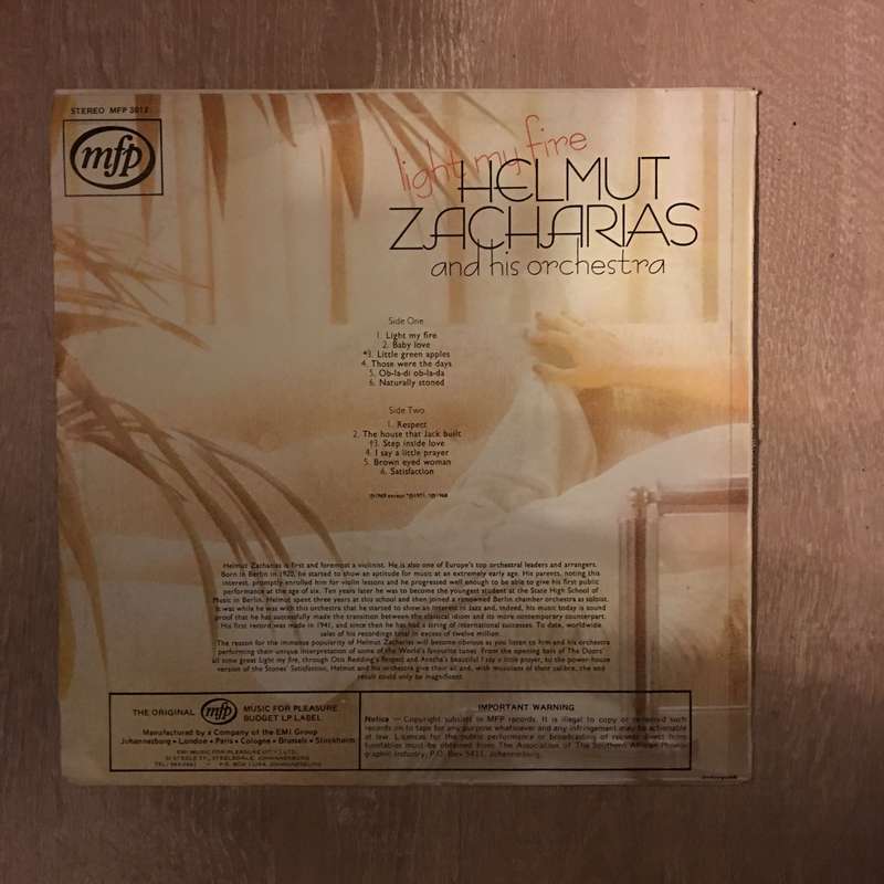 Helmut Zacharias - Light My Fire  - Vinyl LP Record - Opened  - Very-Good+ Quality (VG+) - Vinyl