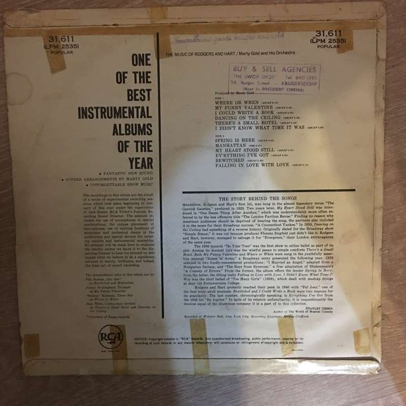 Marty Gold, Martin Gold And His Orchestra  The Music Of Rodgers And Hart - Vinyl LP Record ...