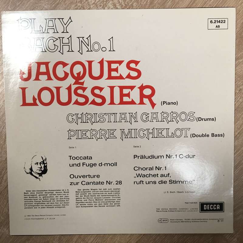 Jacques Loussier   Play Bach No.1-  Vinyl LP Record - Opened  - Very-Good+ Quality (VG+)