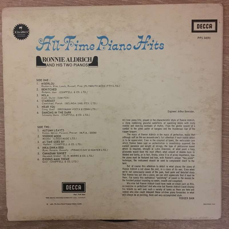 Ronnie Aldrich And His Two Pianos - All-Time Piano Hits  - Vinyl LP Record - Opened  - Very-Good ...