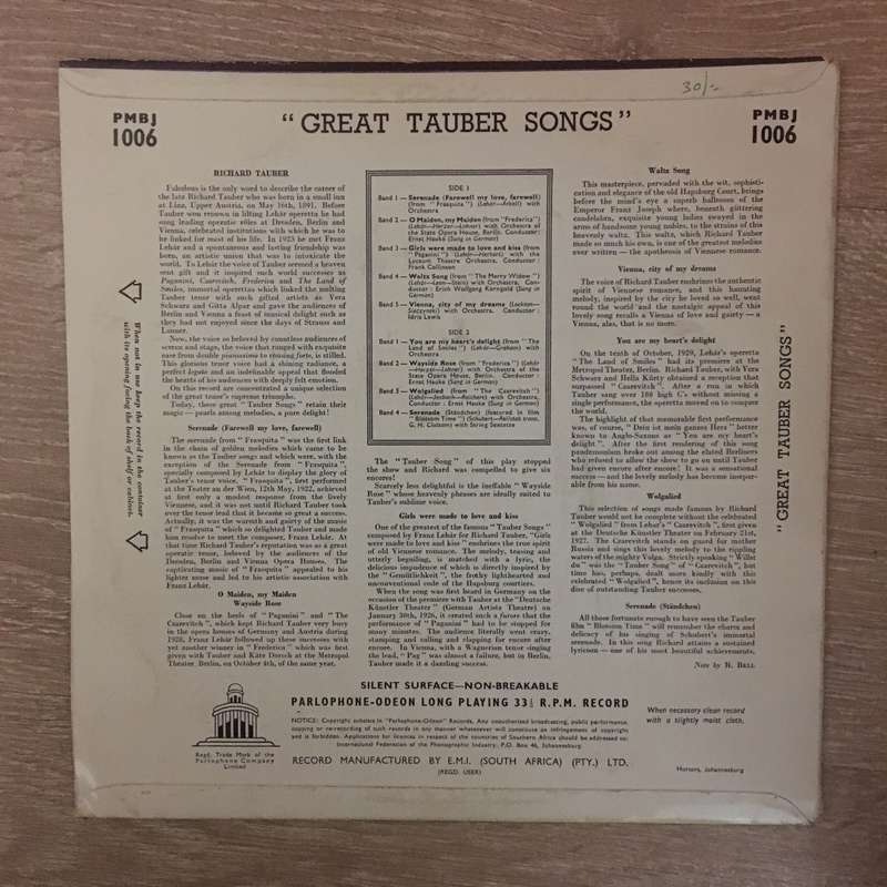 Great Tauber Songs - Vinyl LP Record - Opened  - Very-Good+ Quality (VG+)