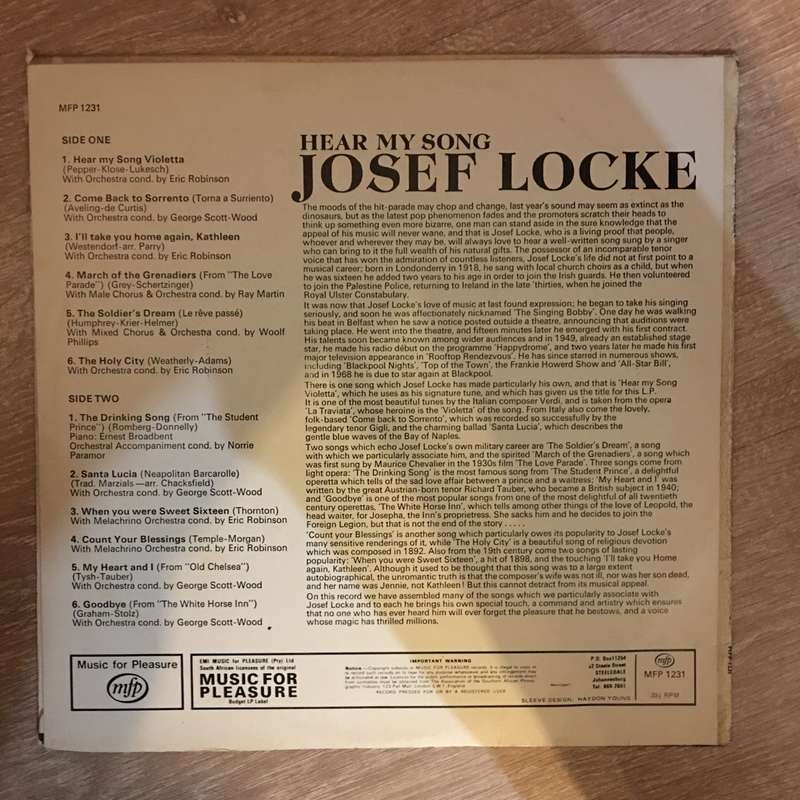 Josef Locke  Hear My Song - Vinyl LP Record - Very-Good+ Quality (VG+)