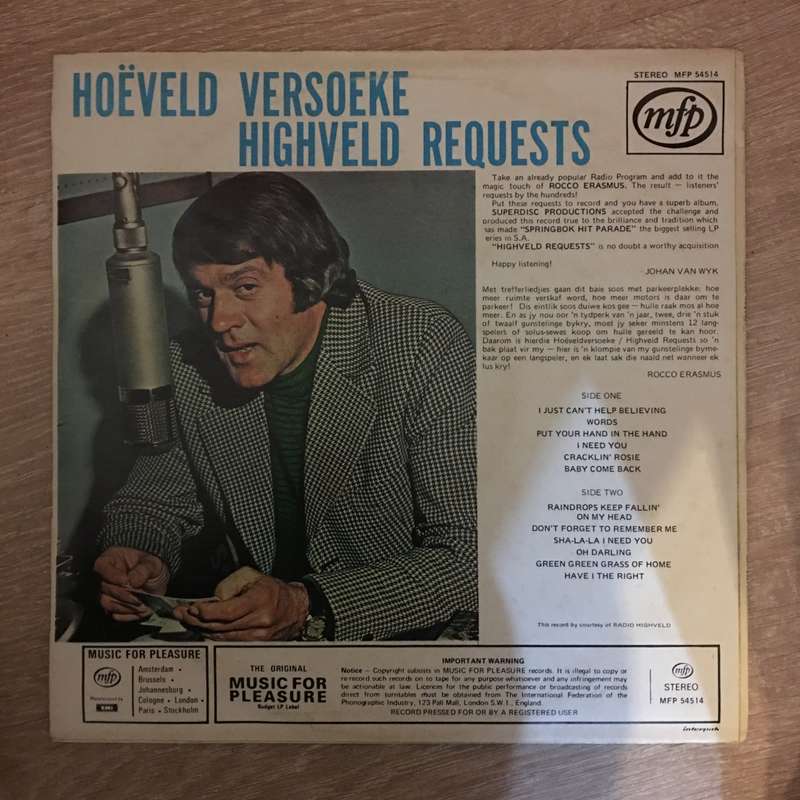 Rocco Erasmus - Highveld Requests - Vinyl LP Record - Opened  - Very-Good Quality (VG)