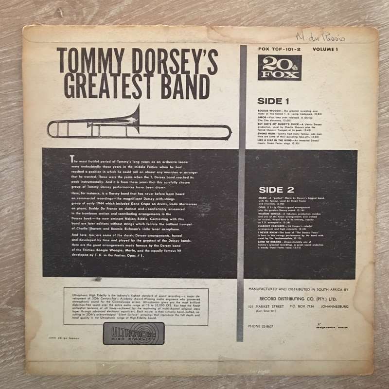 Tommy Dorsey And His Orchestra  Tommy Dorsey's Greatest Band Volume 1 - Vinyl LP Record - O...
