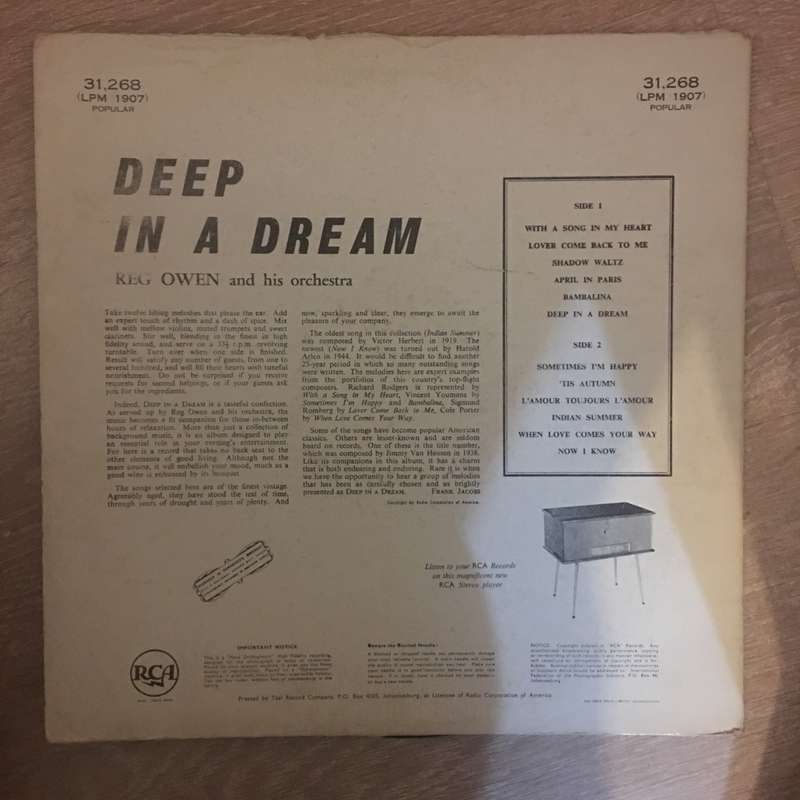 Reg Owen And His Orchestra  Deep In A Dream - Vinyl LP Record - Very-Good+ Quality (VG+)