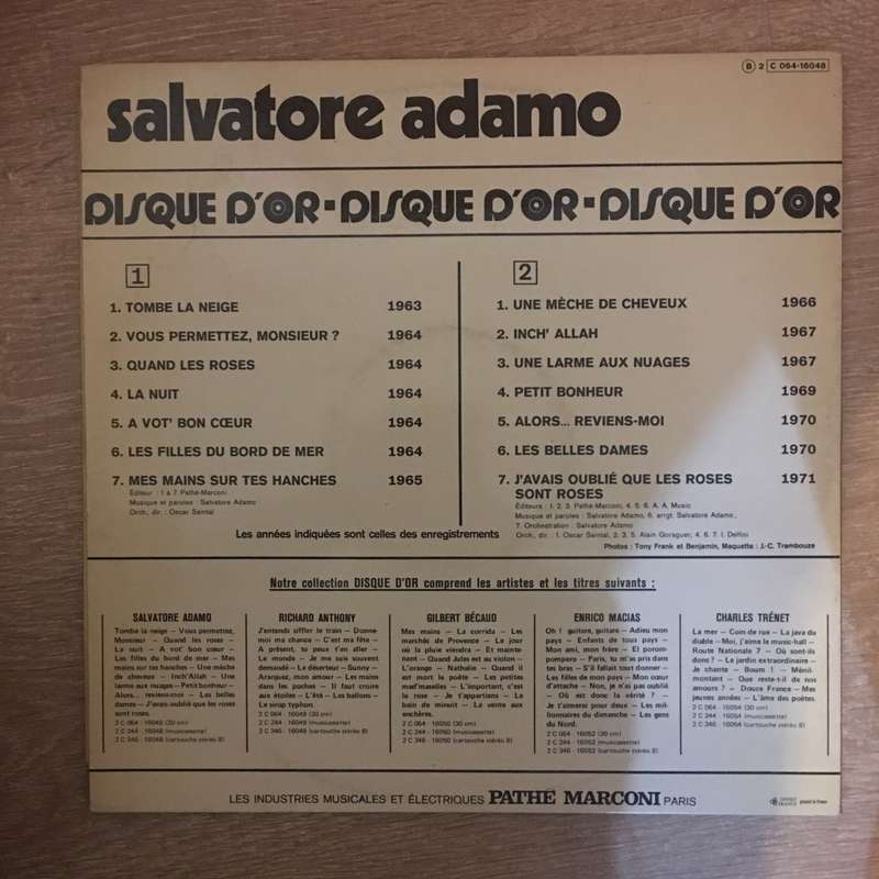 Salvatore Adamo  Disque D'Or  Vinyl LP Record - Very-Good+ Quality (VG+)