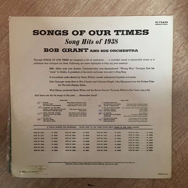 Bob Grant And His Orchestra  Songs Of Our Times - Song Hits Of 1938 - Vinyl LP Record - Ope...