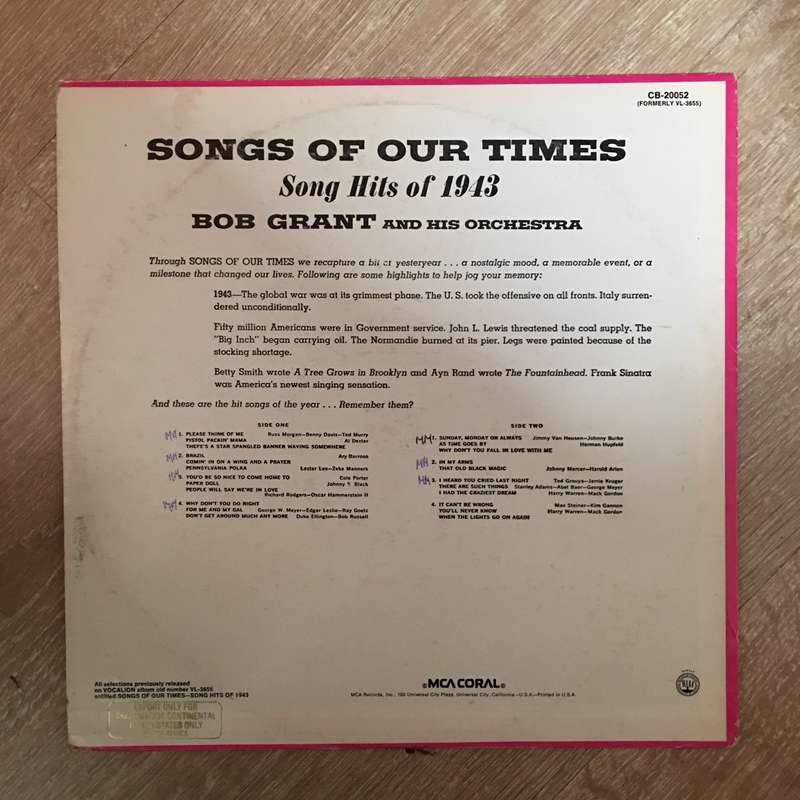 Bob Grant And His Orchestra  Songs Of Our Times - Song Hits Of 1943 - Vinyl LP Record - Ope...