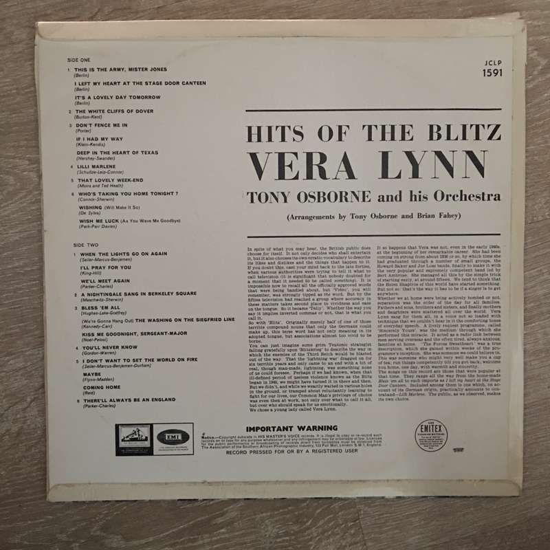 Vera Lynn With Tony Osborne And His Orchestra  Hits Of The Blitz - Vinyl LP Record - Opened...