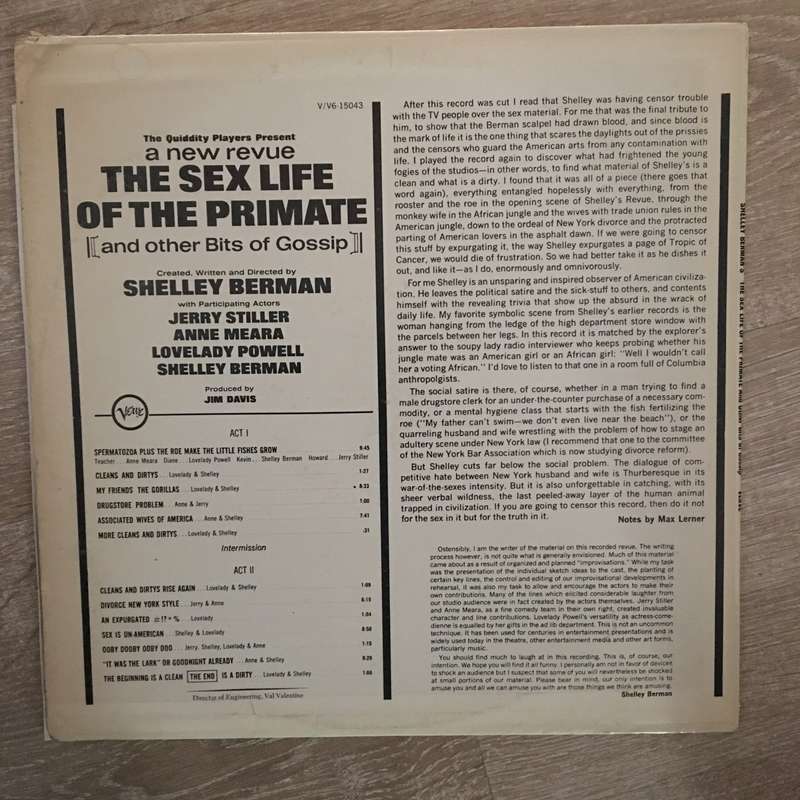Shelley Berman  The Sex Life Of The Primate (And Other Bits Of Gossip)  - Vinyl LP Record -...