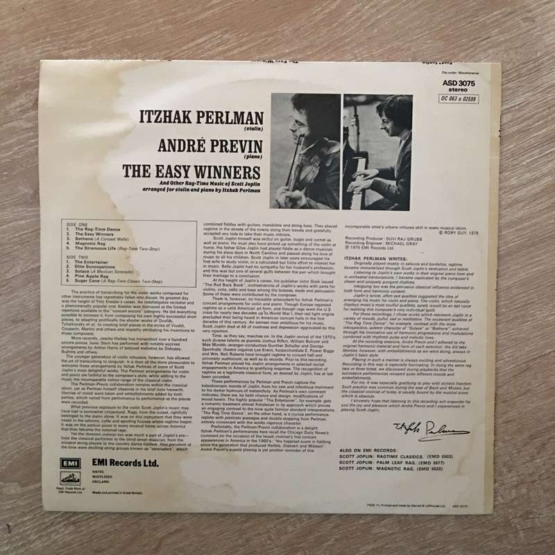 Itzhak Perlman & André Previn  The Easy Winners - Vinyl LP Record - Opened  - Very-Good+ Q...