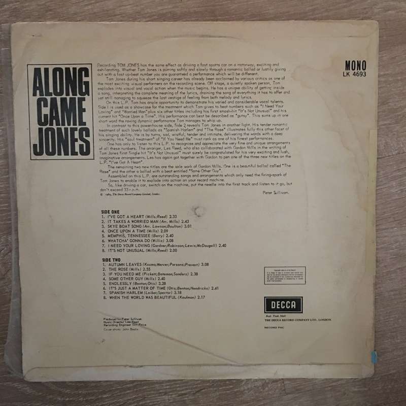 Tom Jones  Along Came Jones - Vinyl LP Record  (G+)