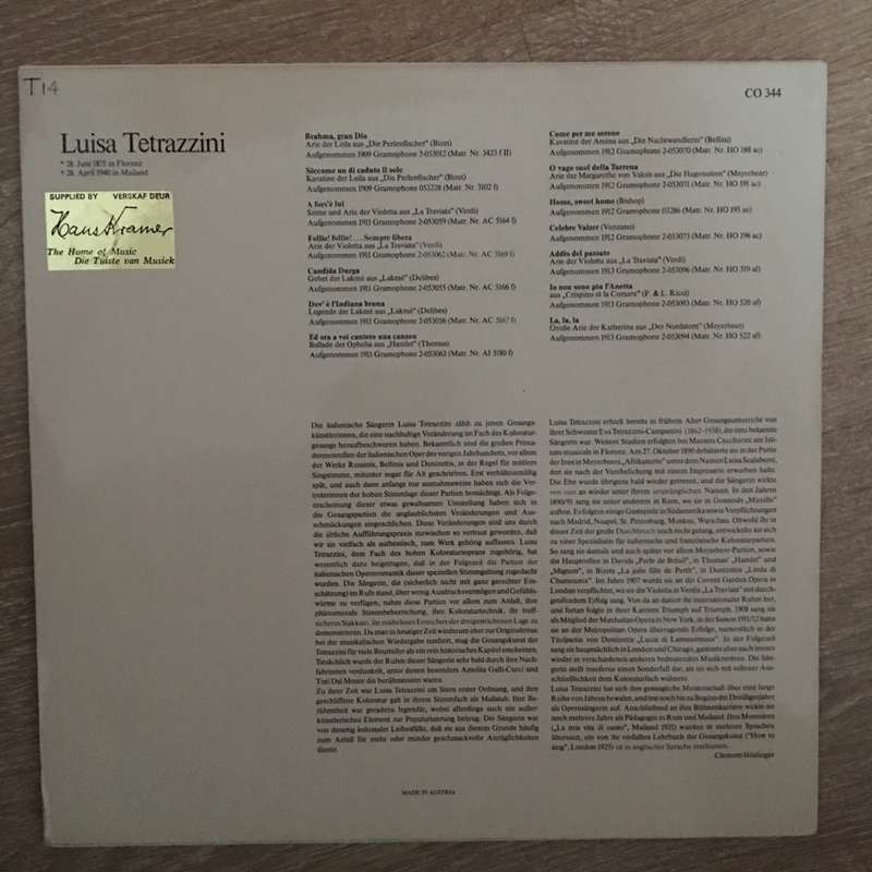Luisa Tetrazzini - Court Opera Classics - Vinyl LP Record Opened - Near Mint Condition (NM)