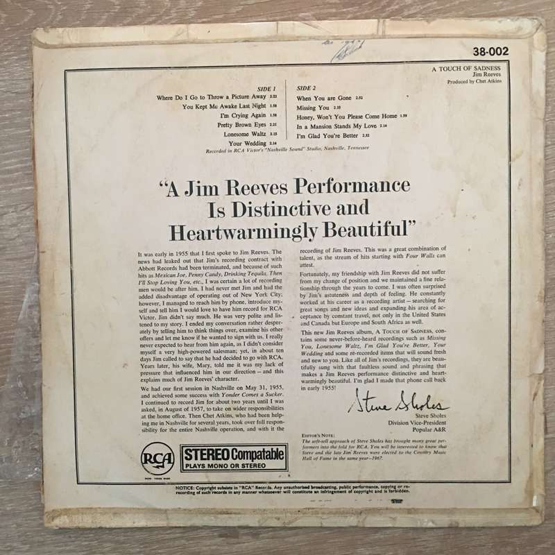Jim Reeves - A Touch Of Sadness - Vinyl LP Record - Opened  - Good+ Quality (G+)