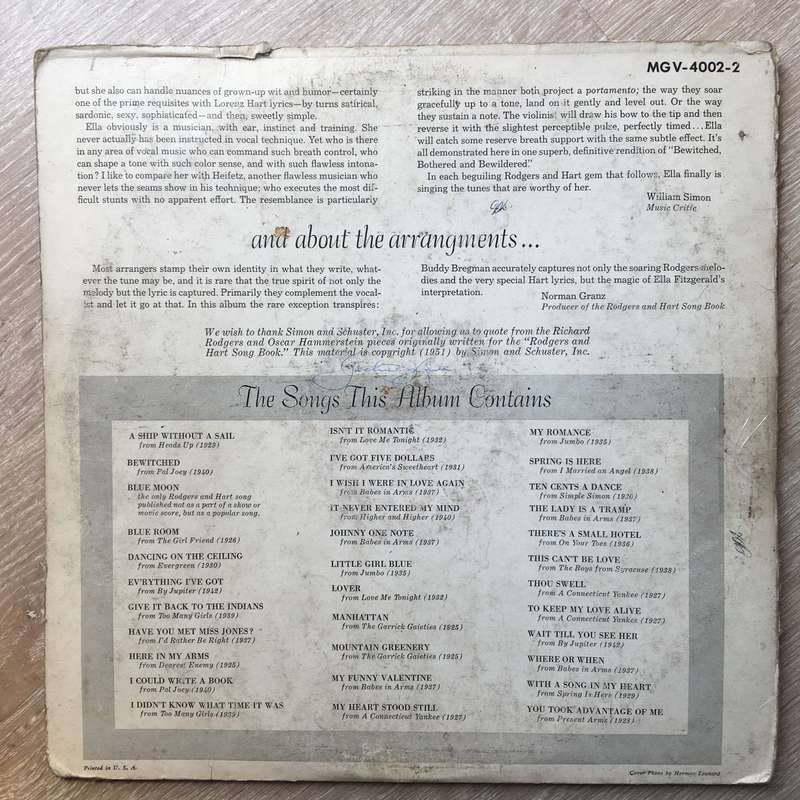 Ella Fitzgerald  Ella Fitzgerald Sings The Rodgers And Hart Song Book - Vinyl LP Record - O...