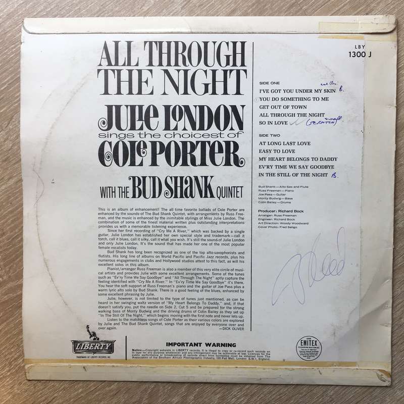 Julie London With The Bud Shank Quintet  All Through The Night - Vinyl LP Record - Opened  ...