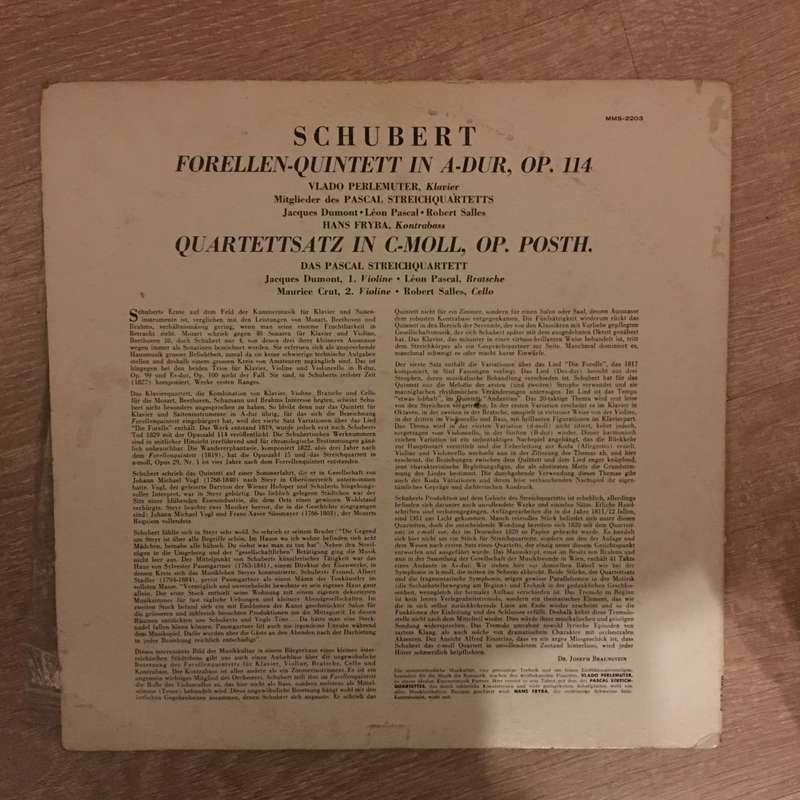 Schubert - Vlado Perlemuter -The Pascal String Quartet, Hans Fryba - Vinyl LP Record - Opened ...