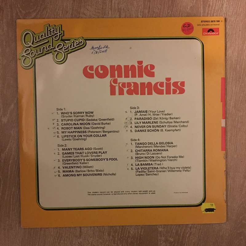 Connie Francis - Quality Sound Series - Double Vinyl LP Record - Opened  - Very-Good+ Quality (VG+)