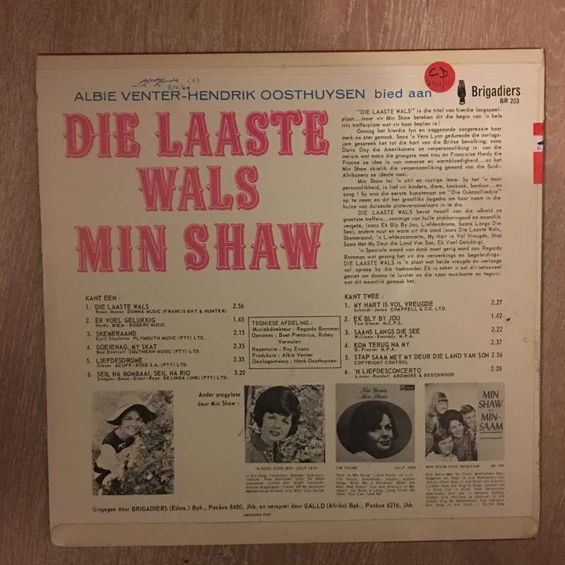Min Shaw - Die Laaste Wals -  Vinyl LP Record - Opened  - Very-Good+ Quality (VG+)