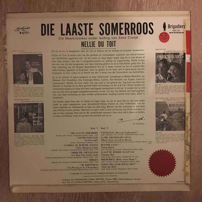 Nellie Du Toit - Die Laaste Sommer-Roos -  Vinyl LP Record - Opened  - Very-Good+ Quality (VG+)