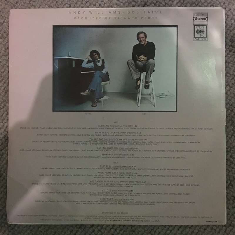 Andy Williams - Solitaire - Vinyl LP Record - Opened  - Very-Good Quality (VG)