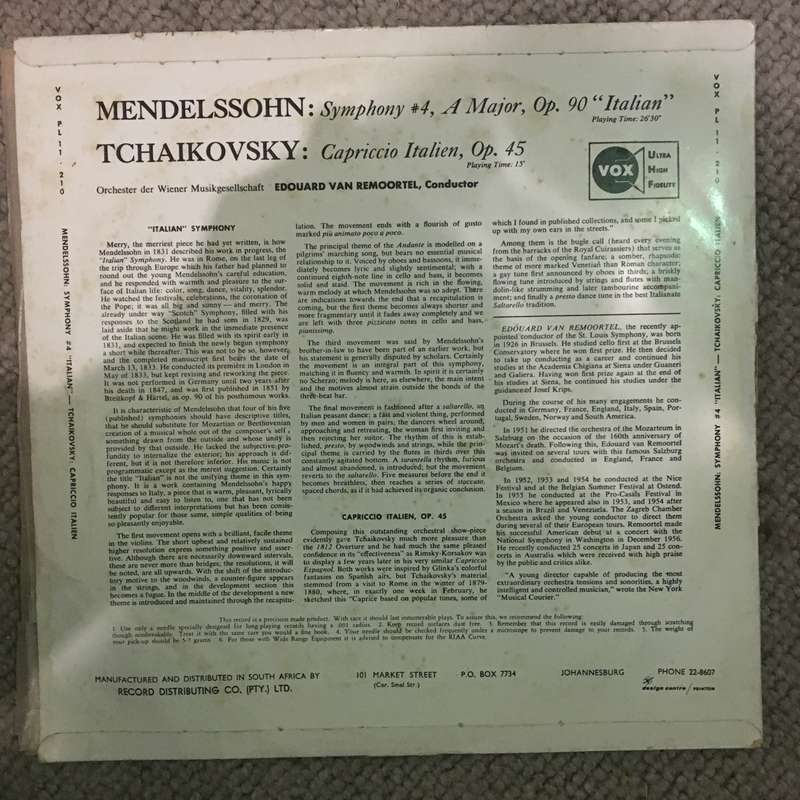 Mendelssohn / Tchaikovsky - Edouard Van Remoortel  Symphony No. 4 In A Major, Op. 90 "Itali...