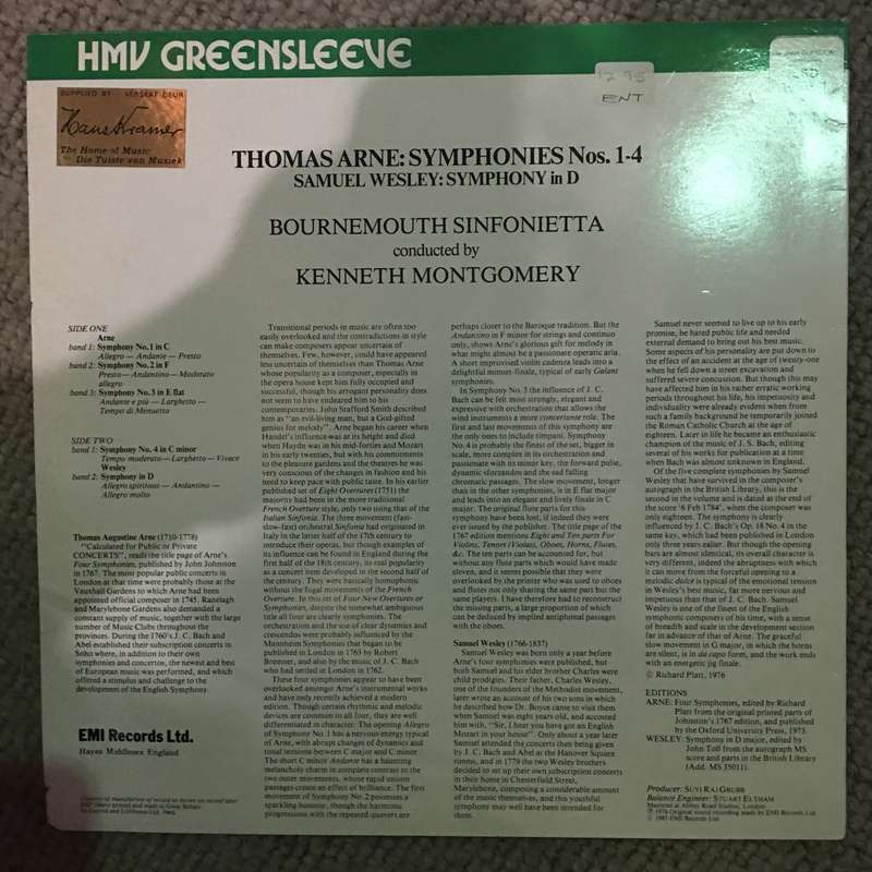 Thomas Arne, Samuel Wesley, Bournemouth Sinfonietta, Kenneth Montgomery - Symphony in D - Viny...