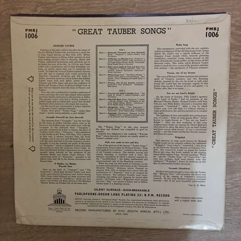 Great Tauber Songs - Vinyl LP Record  - Opened  - Very-Good+ Quality (VG+)