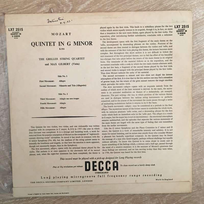 Mozart - The Griller String Quartet And Max Gilbert  Quintet In G Minor, K. 516 - Vinyl ...