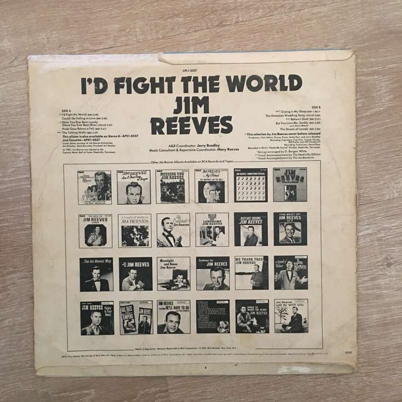 Jim Reeves - I'd Fight The World - Vinyl LP Record - Opened  - Good Quality (G)