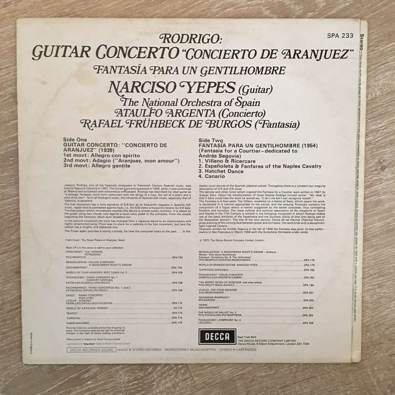 Rodrigo Guitar Concerto Narciso Yepes - Vinyl LP Record - Opened  - Good+ Quality (G+)