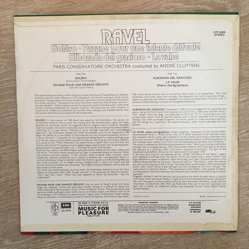 Ravel, Paris Conservatoire Orchestra - André Cluytens  Orchestral Music Of Ravel - Vinyl L...