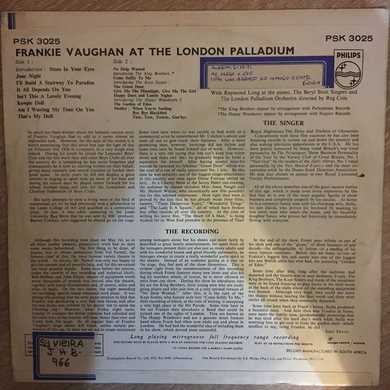 Frankie Vaughan  At The London Palladium - Vinyl LP Record  - Opened  - Very-Good+ Quality ...