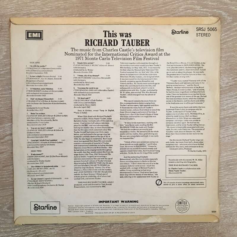This Was Richard Tauber -  Vinyl LP Record - Opened  - Very-Good+ Quality (VG+)